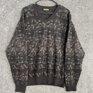 Lenos Romano Mens XL V Neck Sweater Brown Geometric Extra Fine Merino‎ Wool